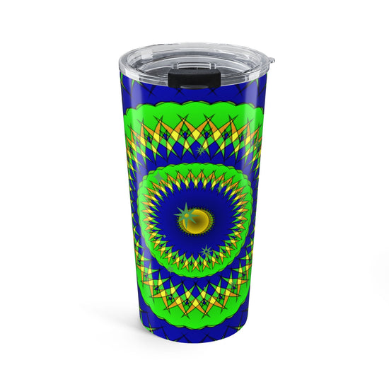 Kaleidoscope Tumbler — Neon Green & Blue Geometric Travel Cup