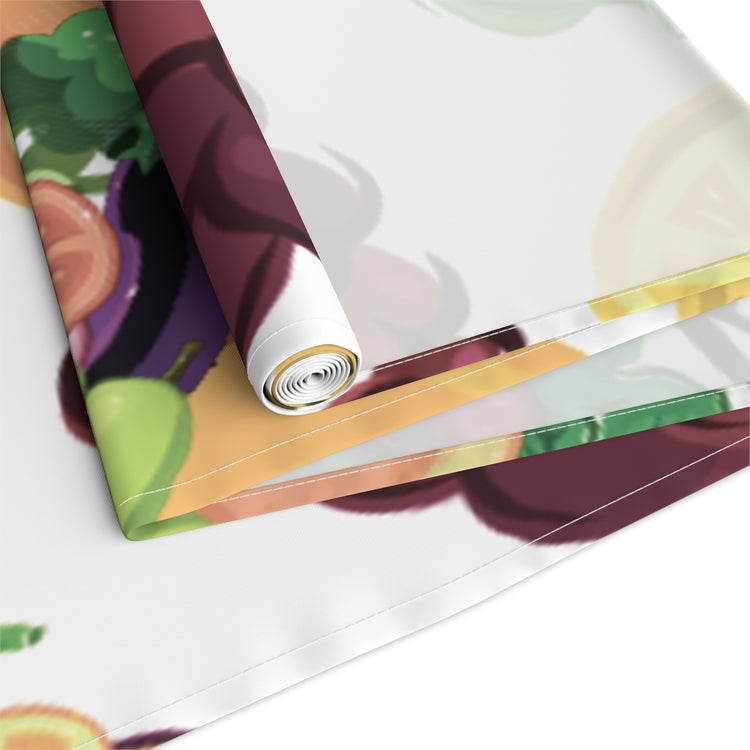 Fruit designed table runner XL showcasing vibrant colors and patterns in cotton twill and polyester materials.