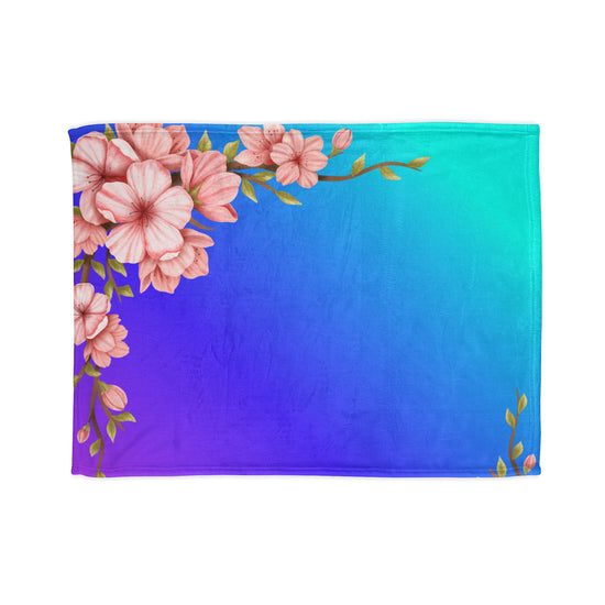 Floral Lavendar Throw Blanket — Pink Blossoms on Turquoise to Purple Gradient