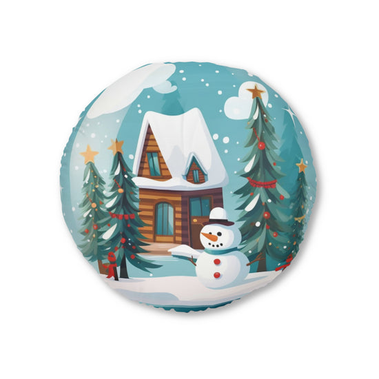 Snowman Designed Tufted Floor Pillow, Round