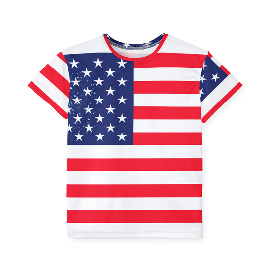 American Flag Sports Jersey For Kids– Patriotic All-Over Print Tee
